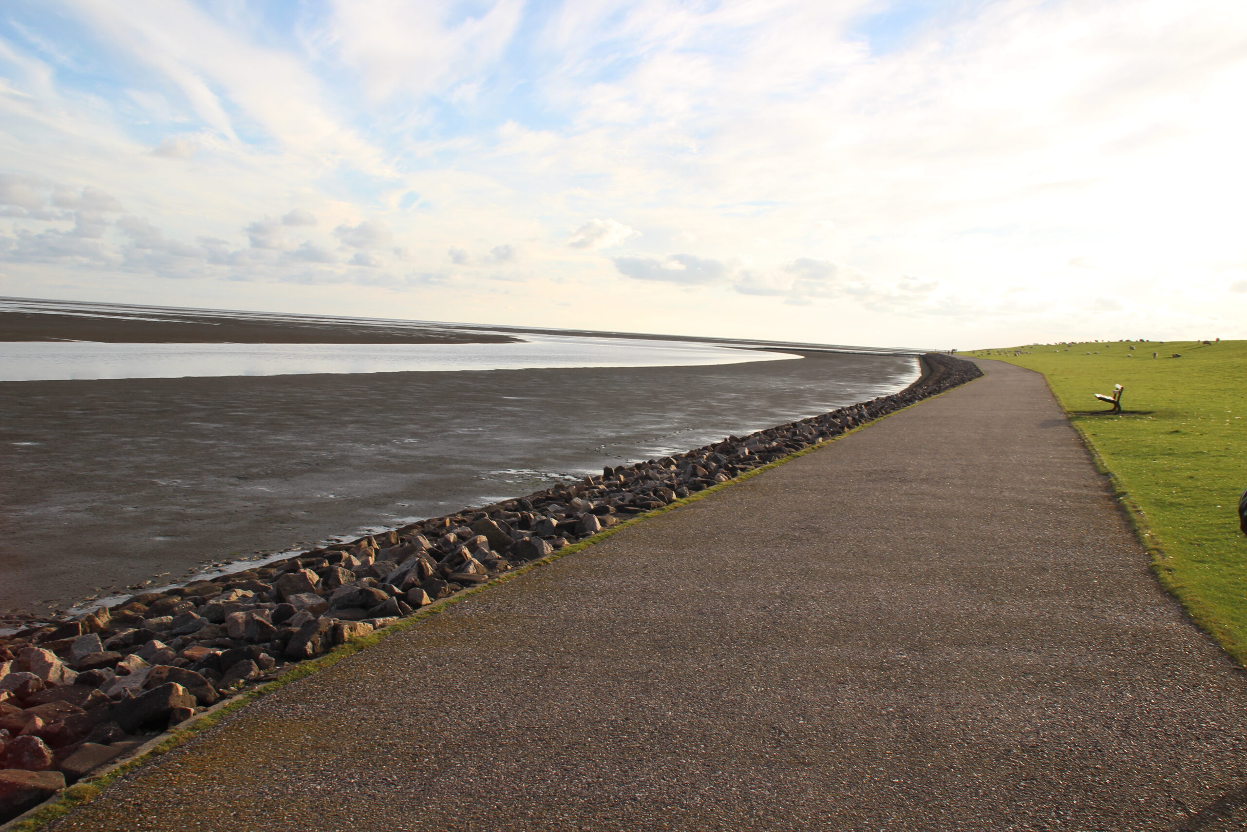 Fuß- und Fahrradweg am Deich bei Vollerwiek im Nationalpark Wattenmeer